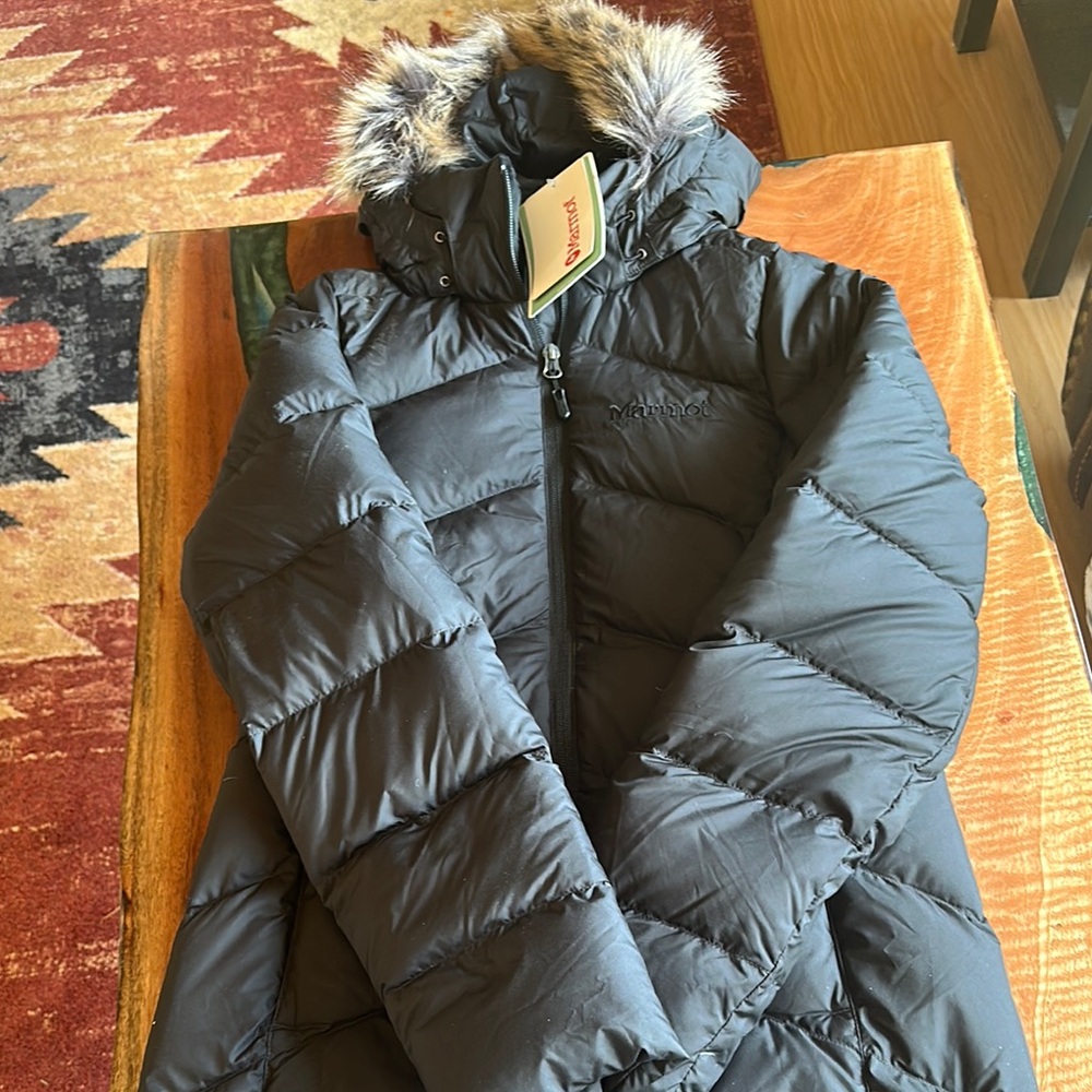 Marmot Black Puffer Jacket with Faux Fur Hood